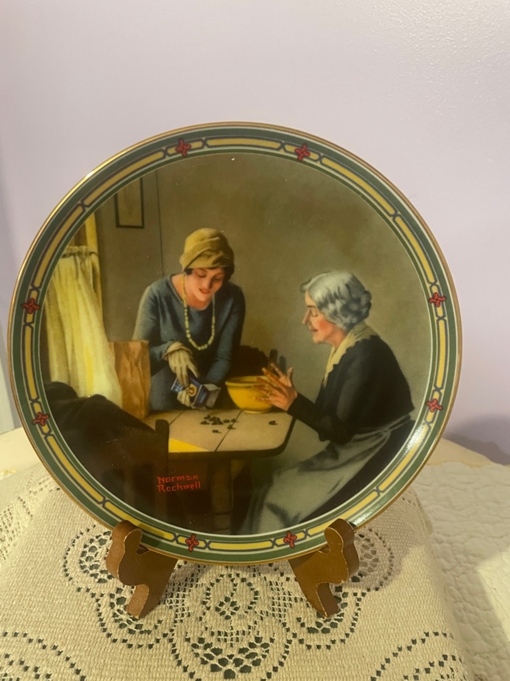 Norman Rockwell Plate — Green and Gold Bordered Scene 1985 Knowles